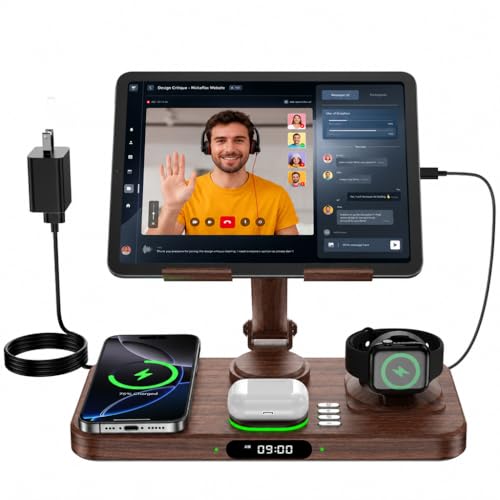 6-in-1 Wireless Charger With Clock and Ambient Light Foldable Stand