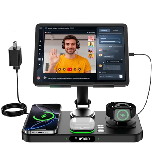 6-in-1 Wireless Charger With Clock and Ambient Light Foldable Stand