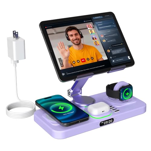 6-in-1 Wireless Charger With Clock and Ambient Light Foldable Stand