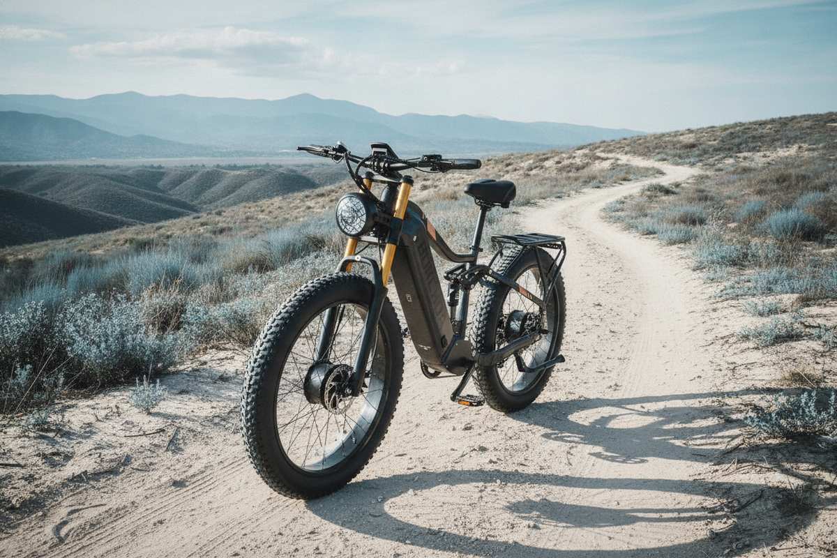 Red 06 Electric Bike with 26-inch fat tires parked on a sandy trail with trees in the background.