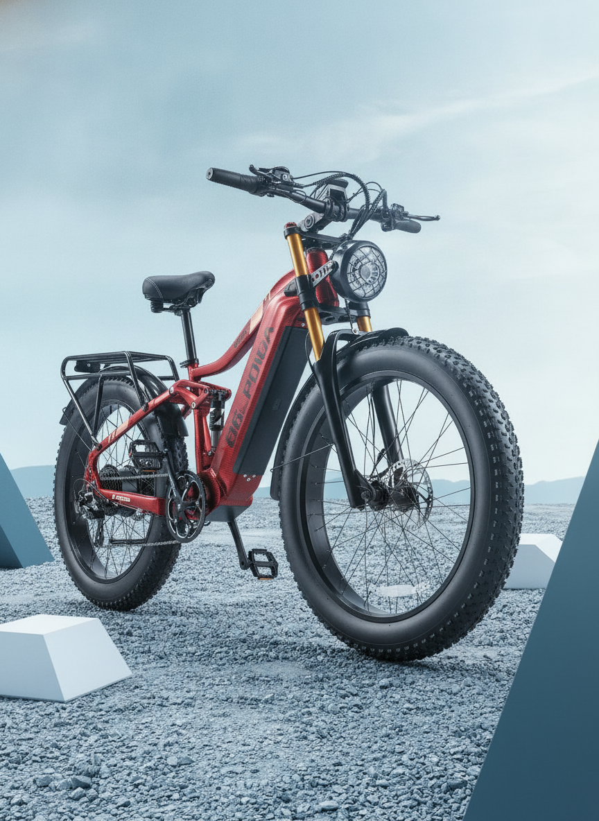 Red 06 electric bike with fat tires on a gravel trail, showing its aluminum frame and battery.