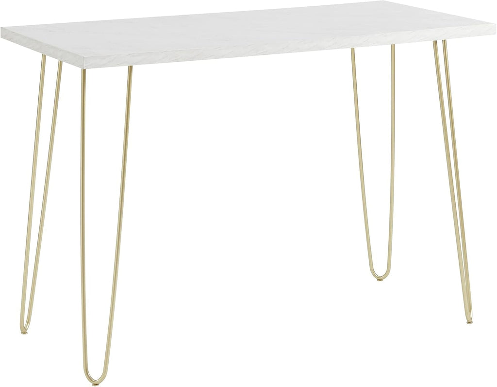 White Faux Marble Top Computer Desk 42in Gold Hairpin Legs