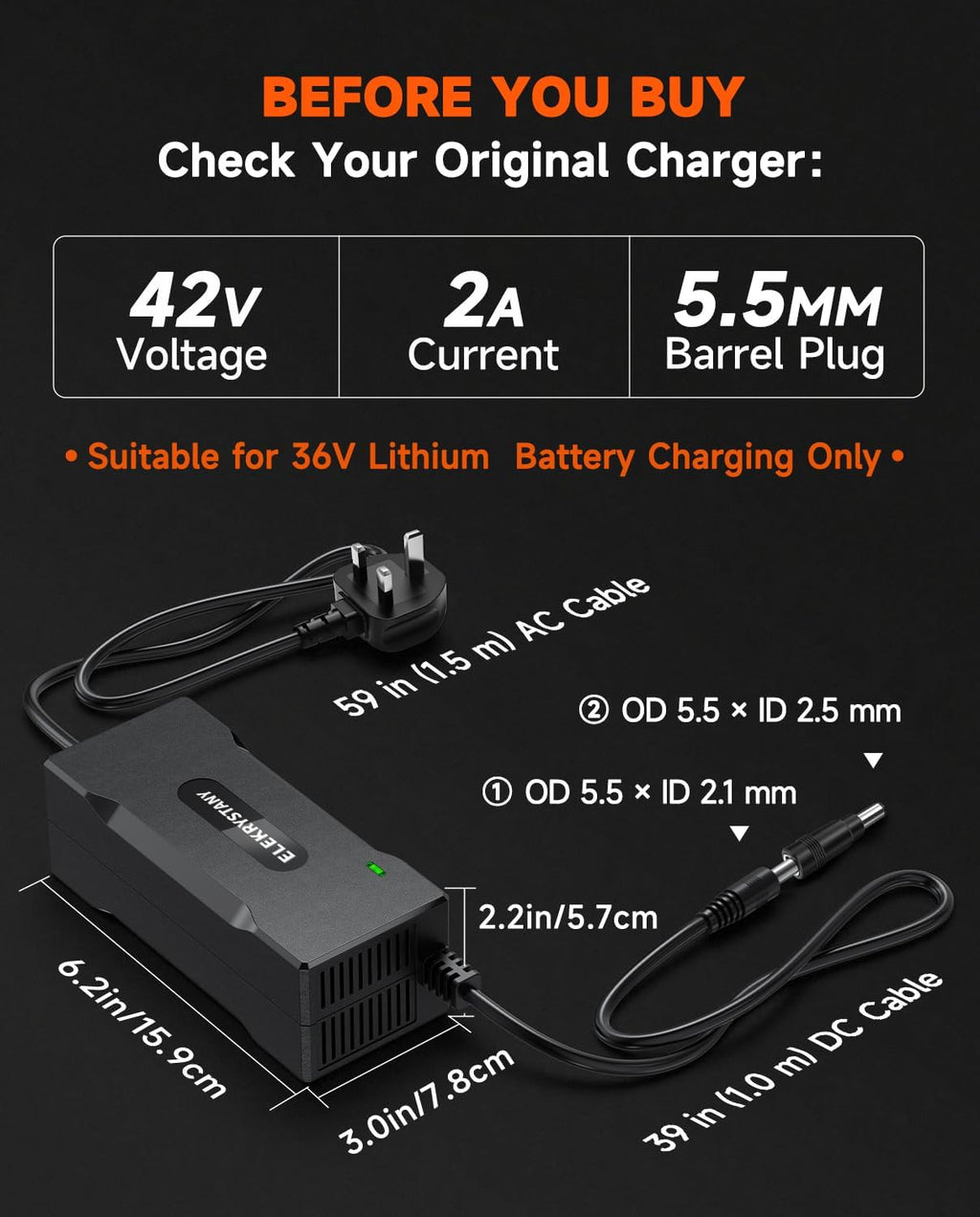 42V 2A Electric Scooter Battery Charger 36V Lithium Smart Fast Charging Black