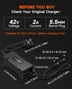 42V 2A Electric Scooter Battery Charger 36V Lithium Smart Fast Charging Black