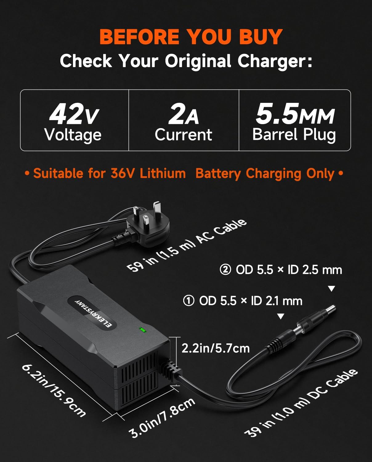 42V 2A Electric Scooter Battery Charger 36V Lithium Smart Fast Charging Black