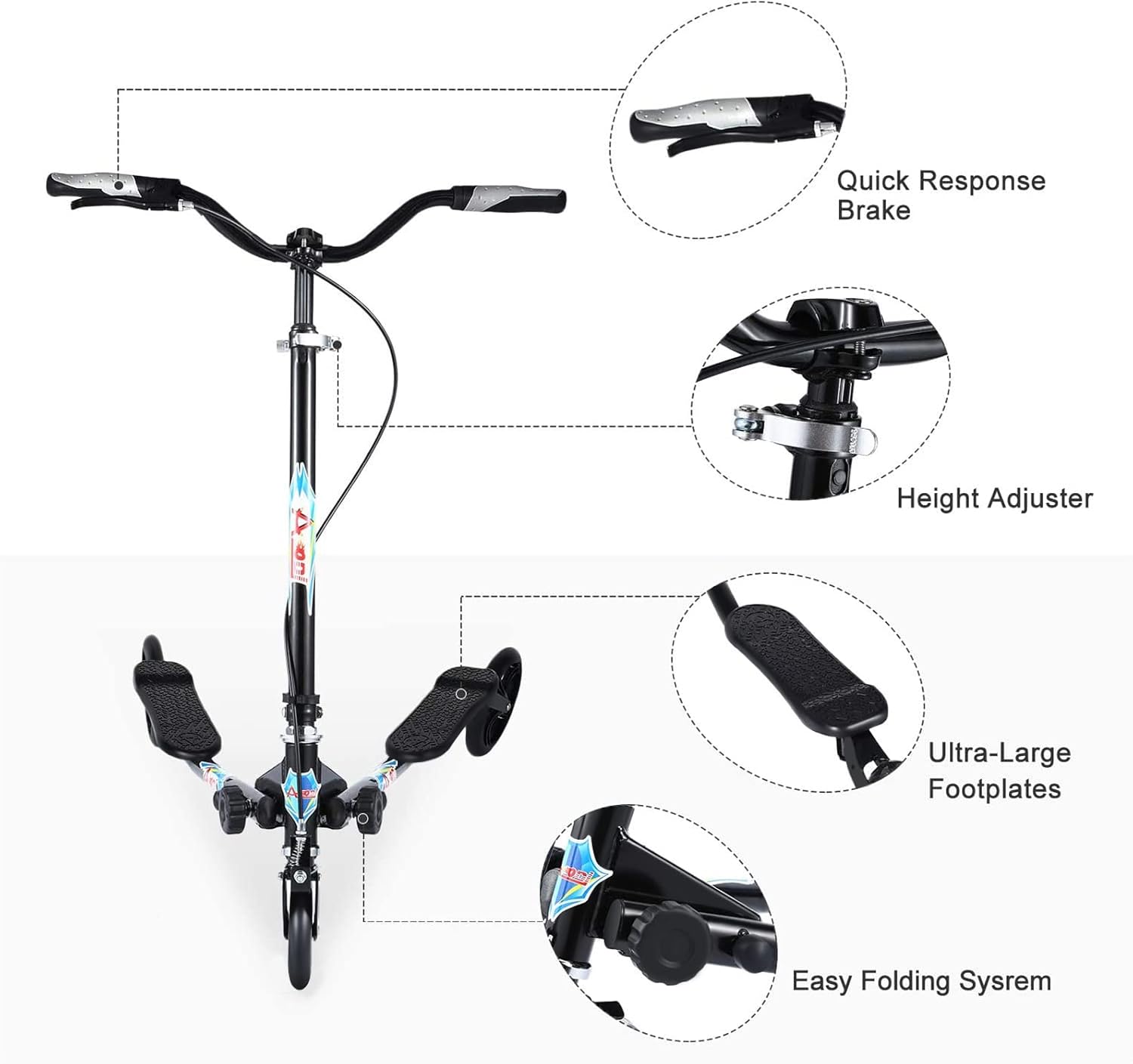 W-SP03 3 Wheel Foldable Swing Scooter Adjustable Handle 220 Lbs