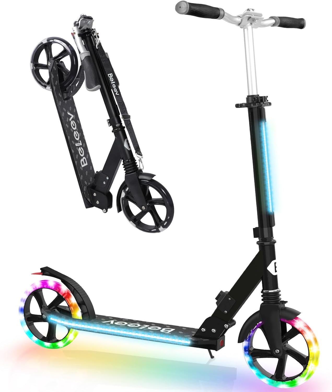 V8 Folding Kick Scooter Light-Up Deck 200mm Wheels Black