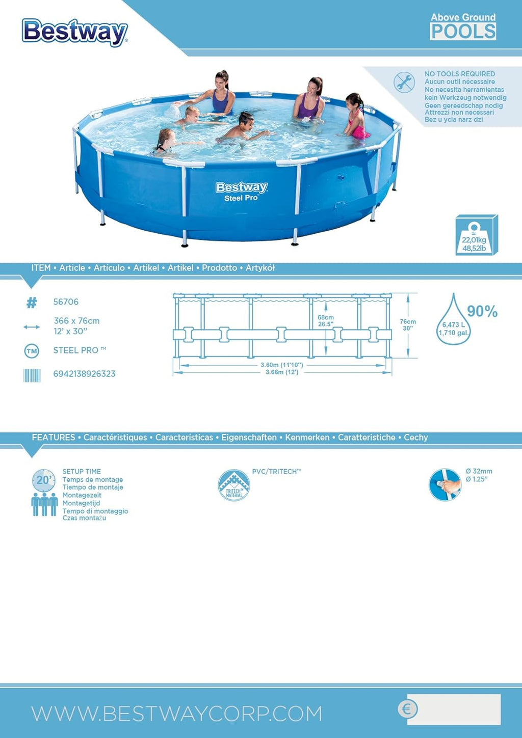 Steel Pro Frame Pool 366 x 76 cm Round Blue