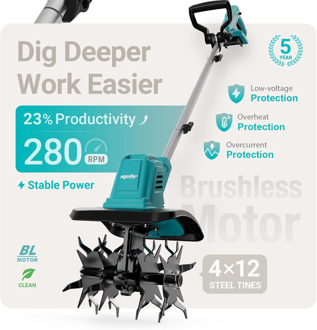 Brushless Cordless Tiller Cultivator 280RPM 10in Tilling Width 7in Depth