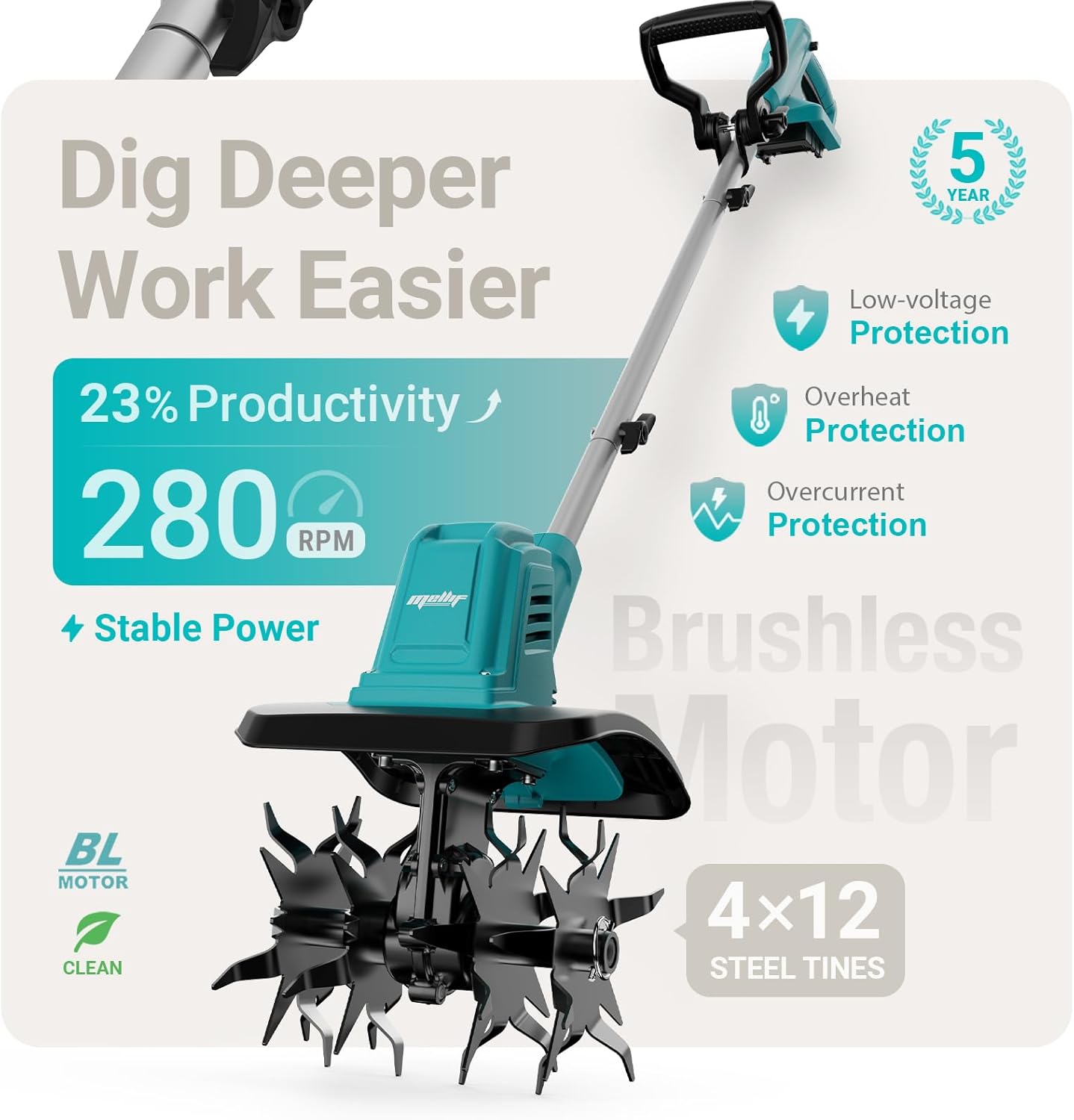 Brushless Cordless Tiller Cultivator 280RPM 10in Tilling Width 7in Depth