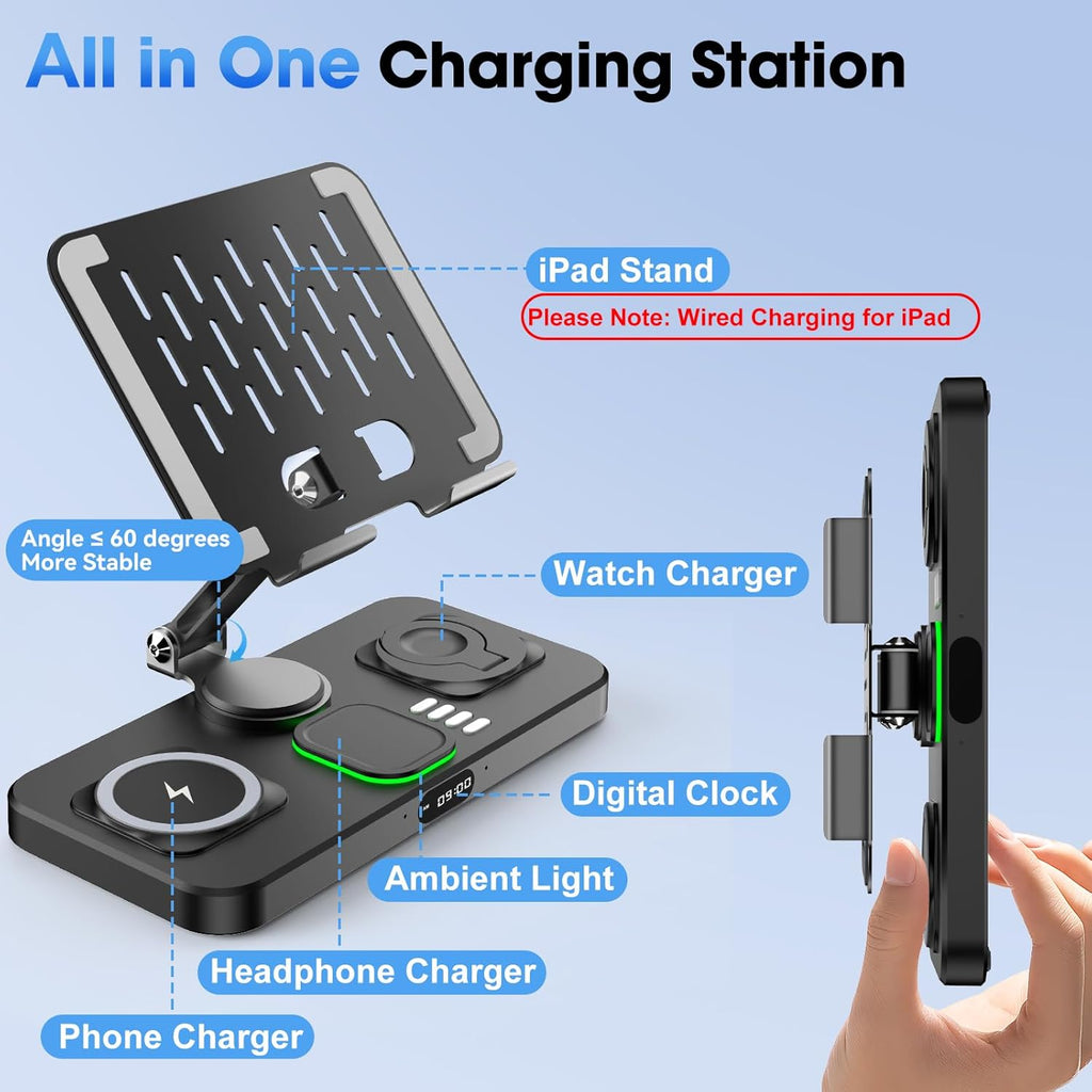 6-in-1 Wireless Charger With Clock and Ambient Light Foldable Stand
