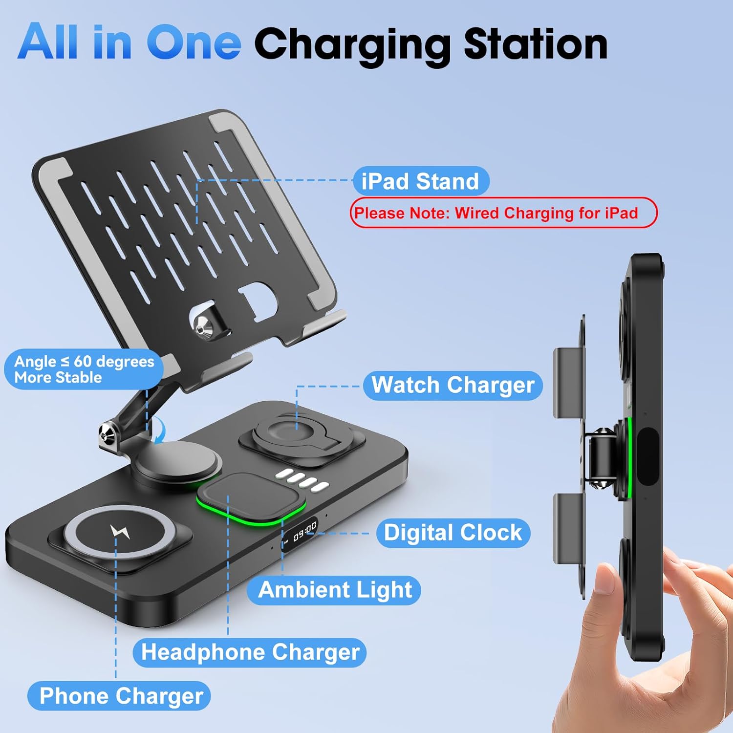 6-in-1 Wireless Charger With Clock and Ambient Light Foldable Stand