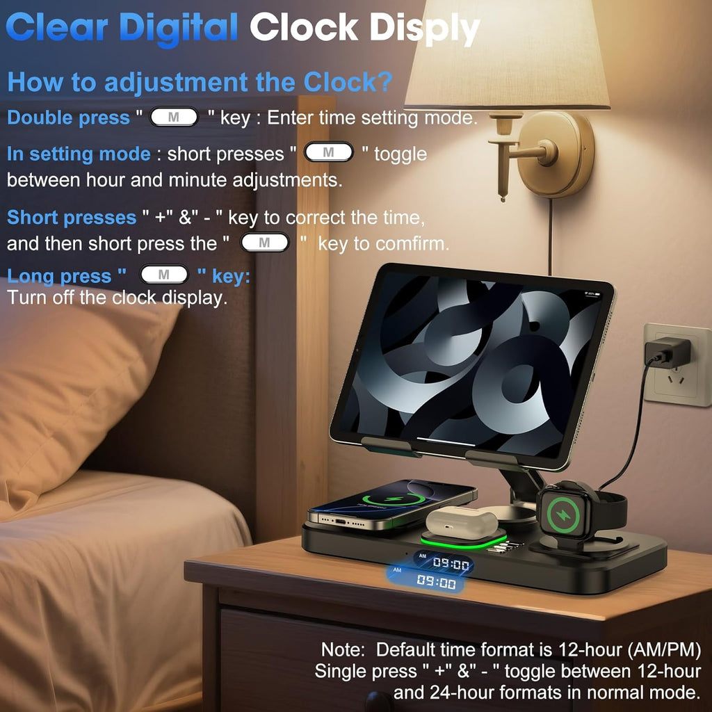 6-in-1 Wireless Charger With Clock and Ambient Light Foldable Stand