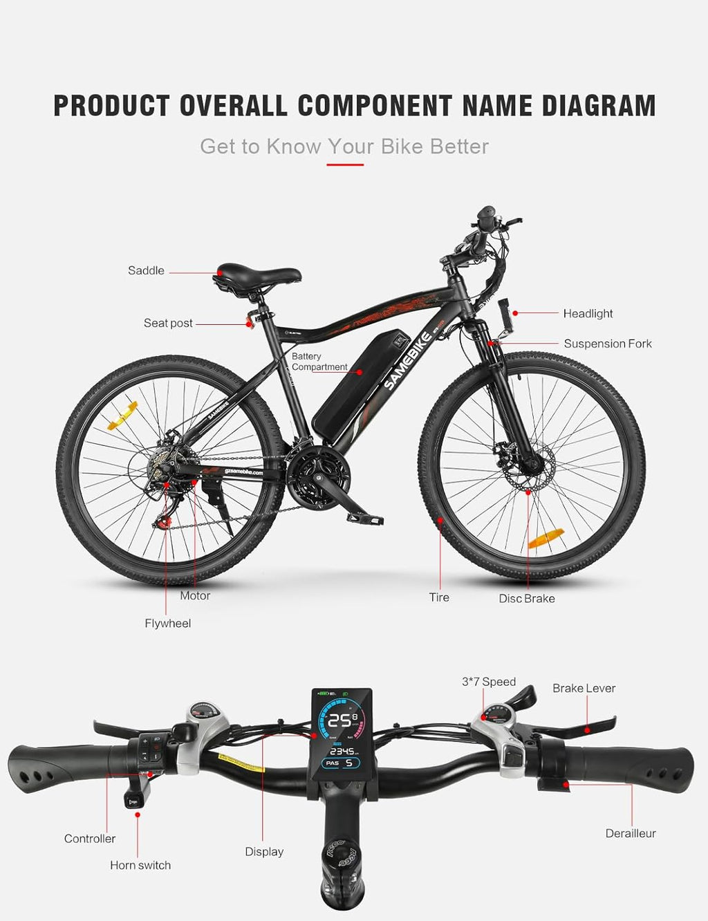 Electric Mountain Bike 26in 36V 13Ah Dual Suspension Disc Brake Black