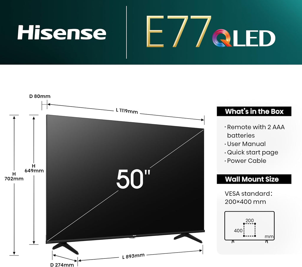 50 Inch 4K QLED Smart TV 2024 Model 50E77NQTUK