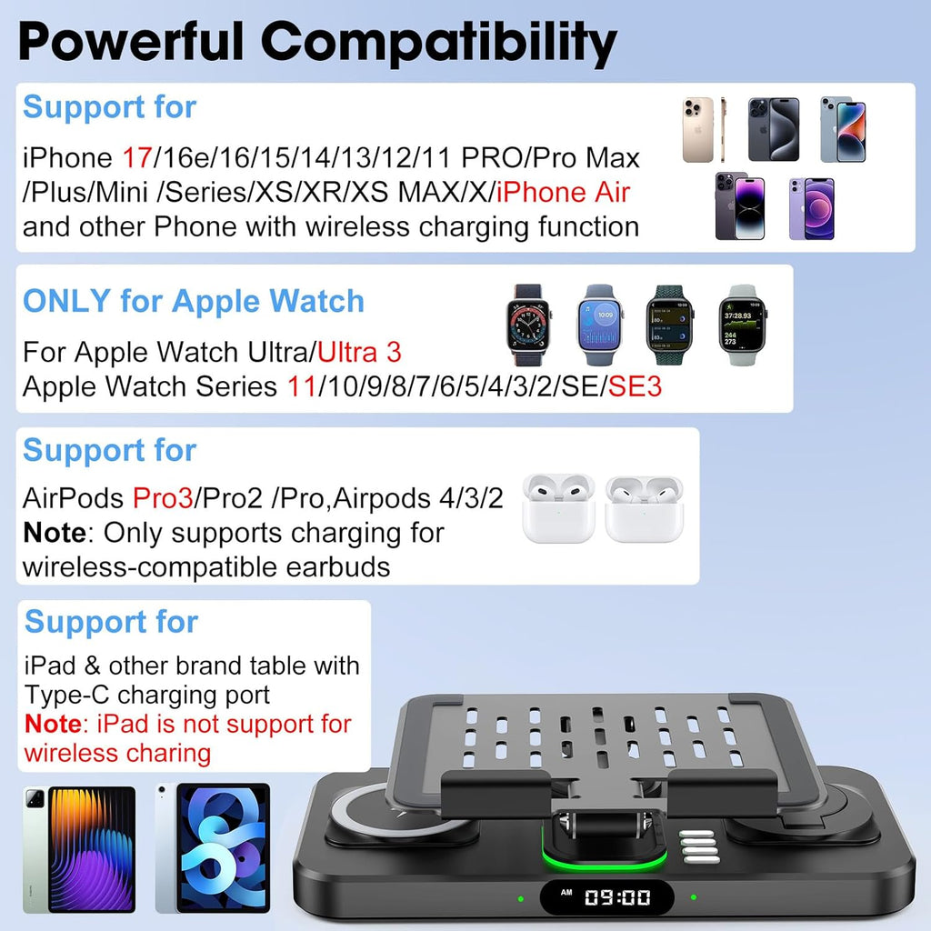 6-in-1 Wireless Charger With Clock and Ambient Light Foldable Stand
