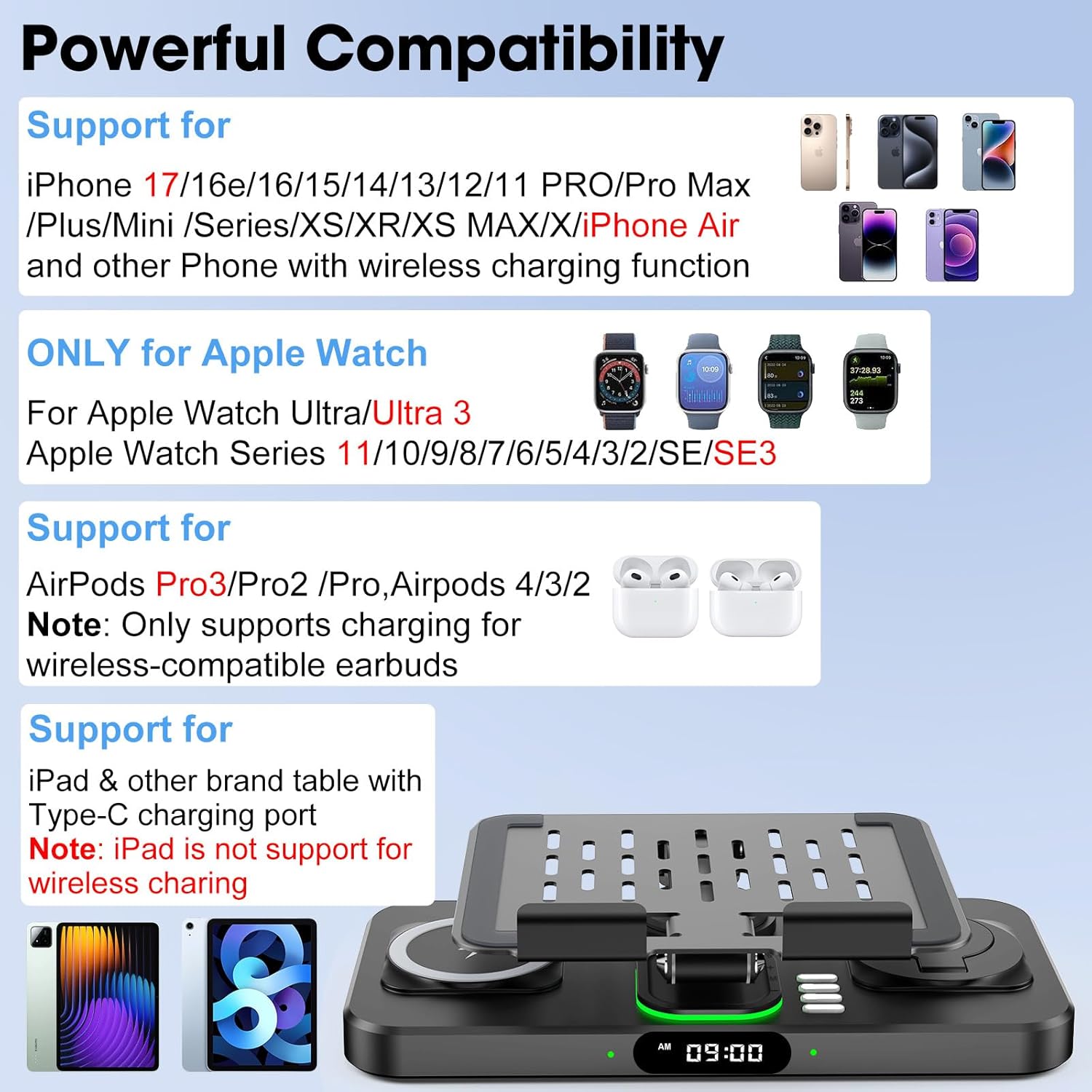 6-in-1 Wireless Charger With Clock and Ambient Light Foldable Stand