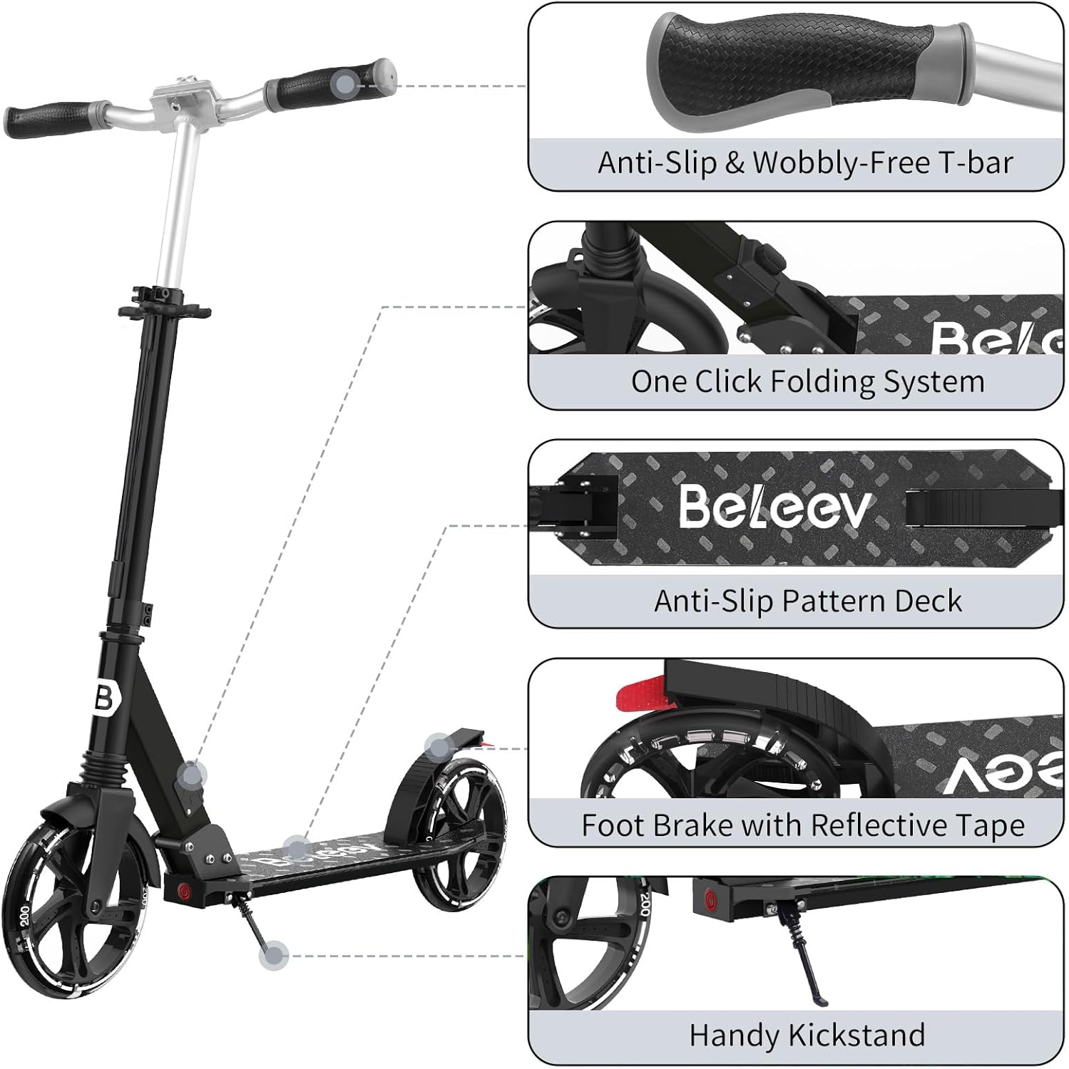 V8 Folding Kick Scooter Light-Up Deck 200mm Wheels Black