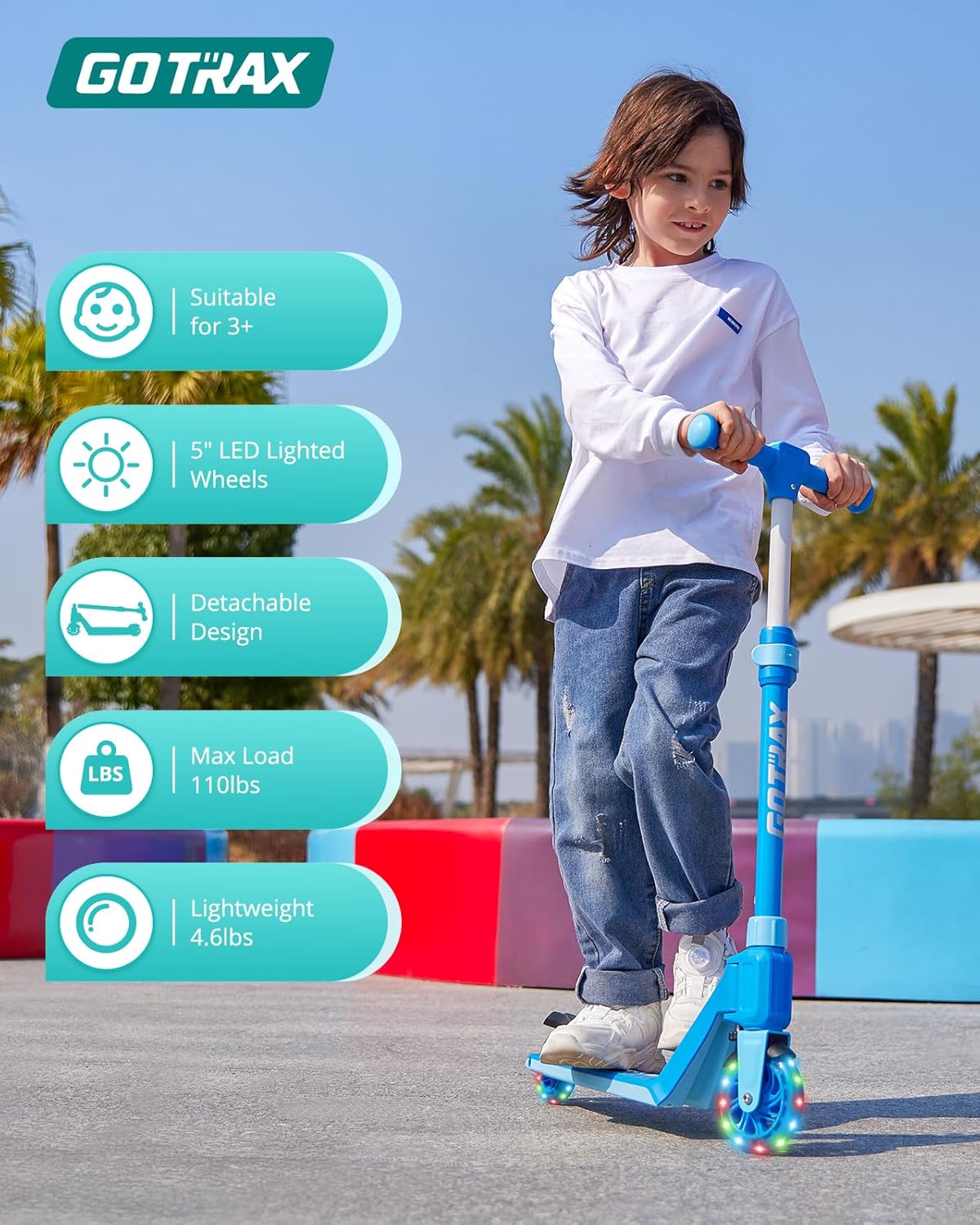K03 Kick Scooter With LED Lighted Wheels Adjustable Handlebars