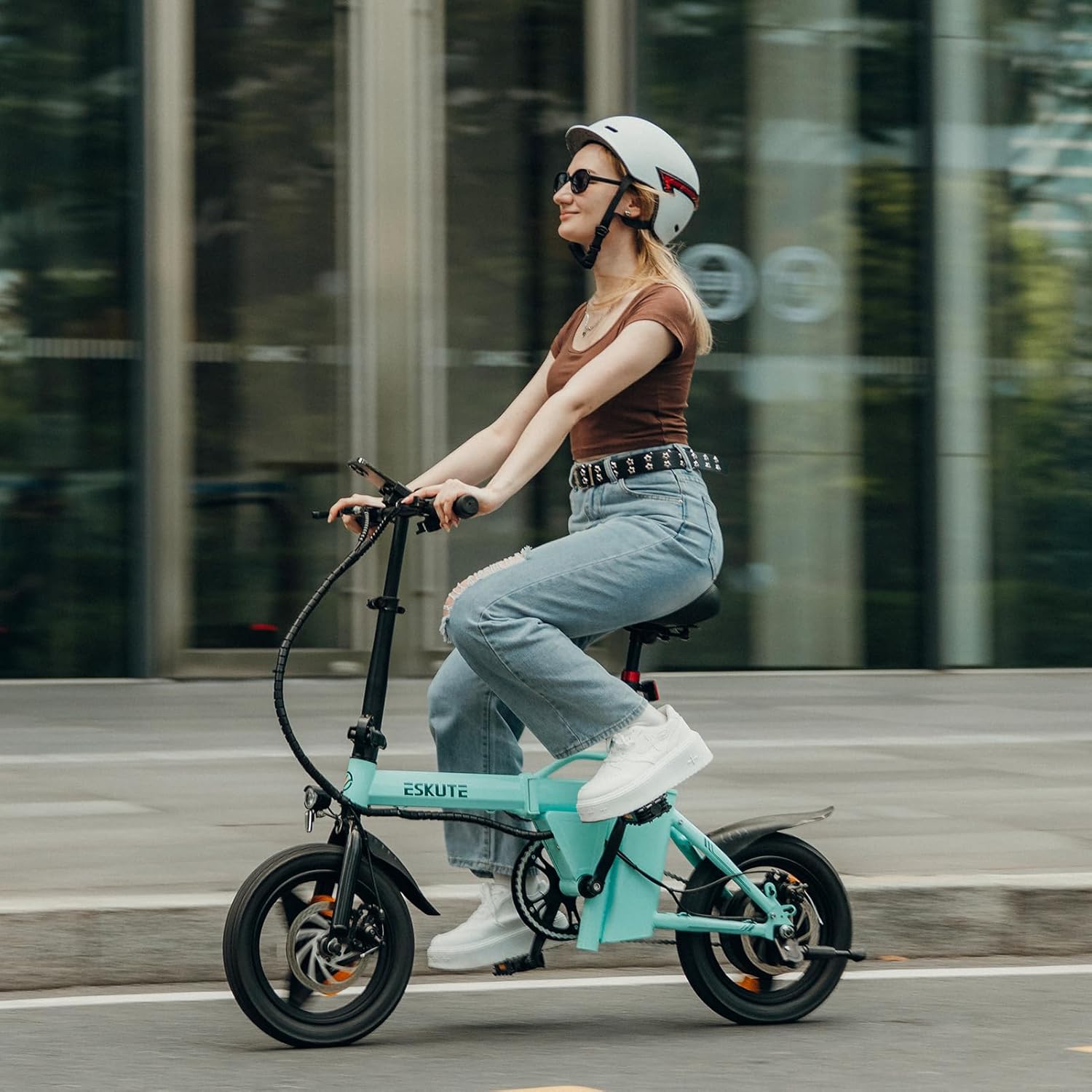 F100 Folding Electric Bike 14in 250W Motor 36V Battery Cyan