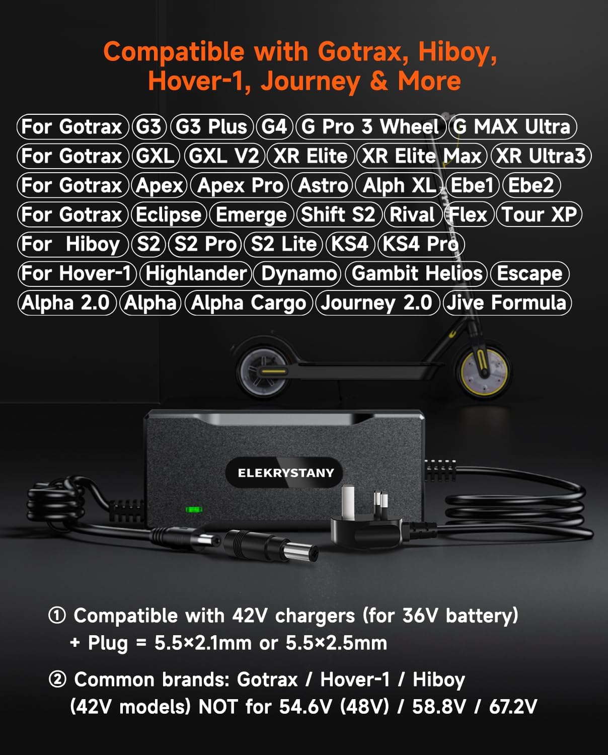 42V 2A Electric Scooter Battery Charger 36V Lithium Smart Fast Charging Black