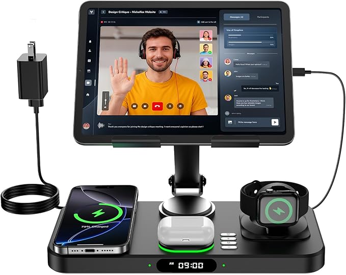 6-in-1 Wireless Charger With Clock and Ambient Light Foldable Stand