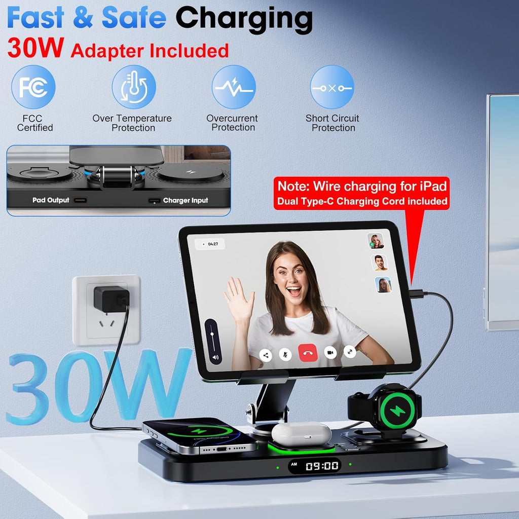 6-in-1 Wireless Charger With Clock and Ambient Light Foldable Stand