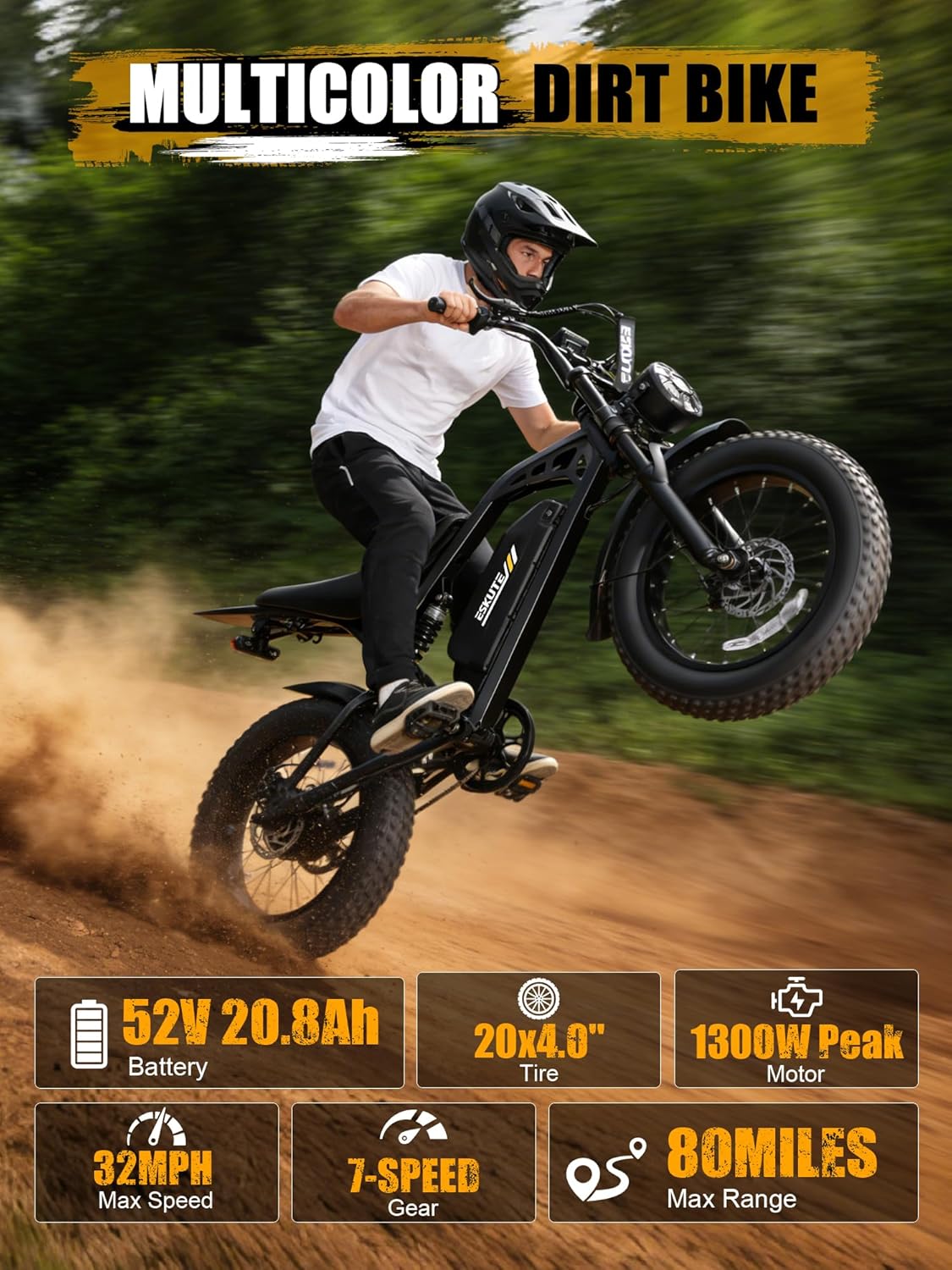 V200 Electric Dirt Bike 52V 20.8Ah Fat Tire 32MPH Dual Suspension