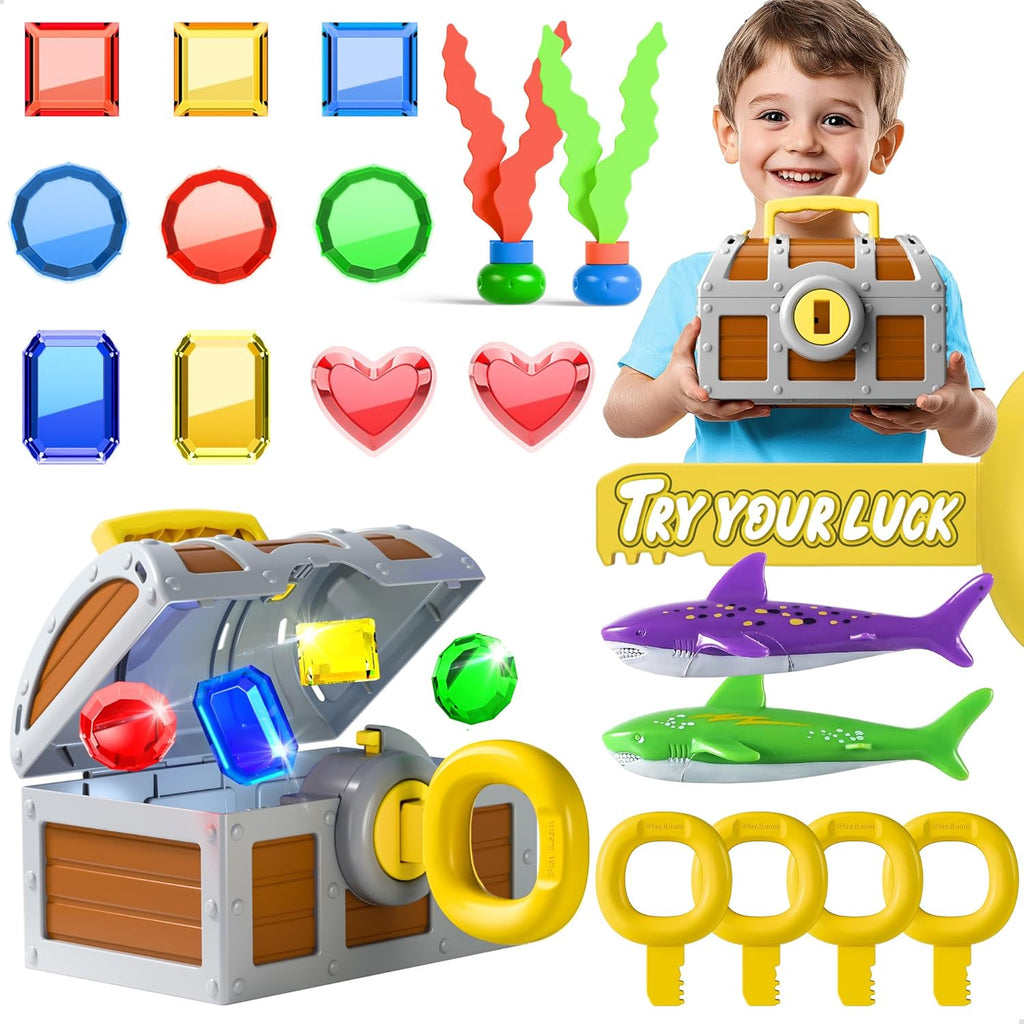 Large Treasure Chest Diving Pool Toy With Keys Gems Fish Multicolor