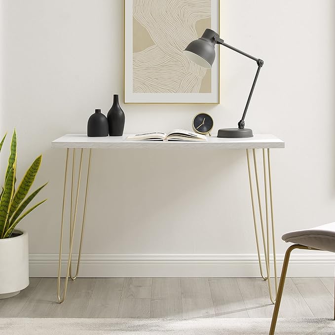 White Faux Marble Top Computer Desk 42in Gold Hairpin Legs