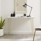 White Faux Marble Top Computer Desk 42in Gold Hairpin Legs