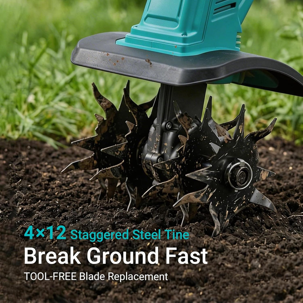 Brushless Cordless Tiller Cultivator 280RPM 10in Tilling Width 7in Depth