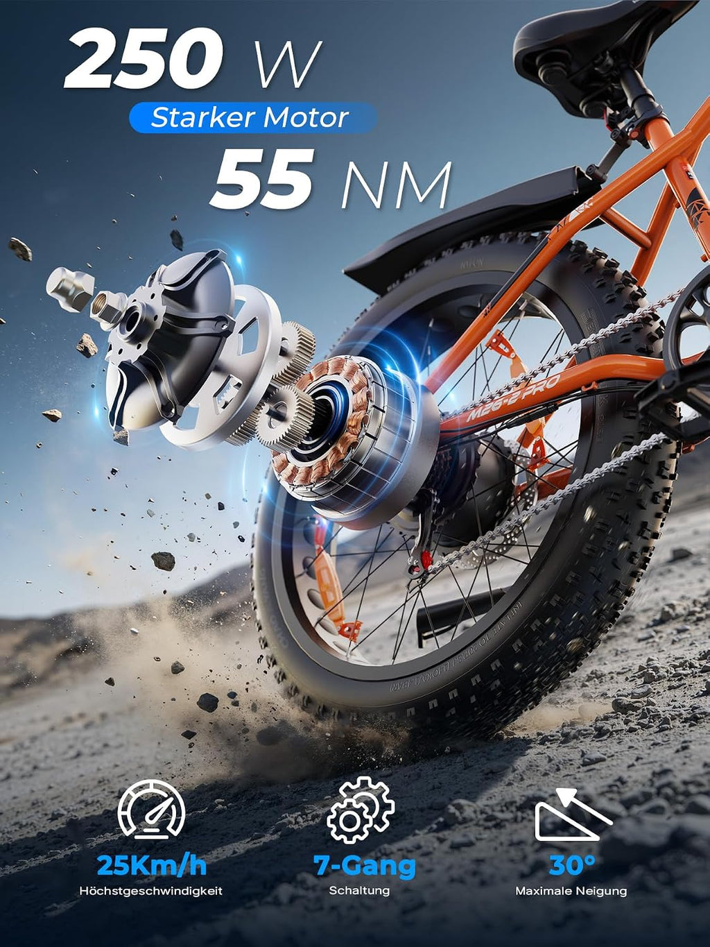 M26-2 Pro Electric Fat Bike 26in 250W Motor 48V 13Ah Orange