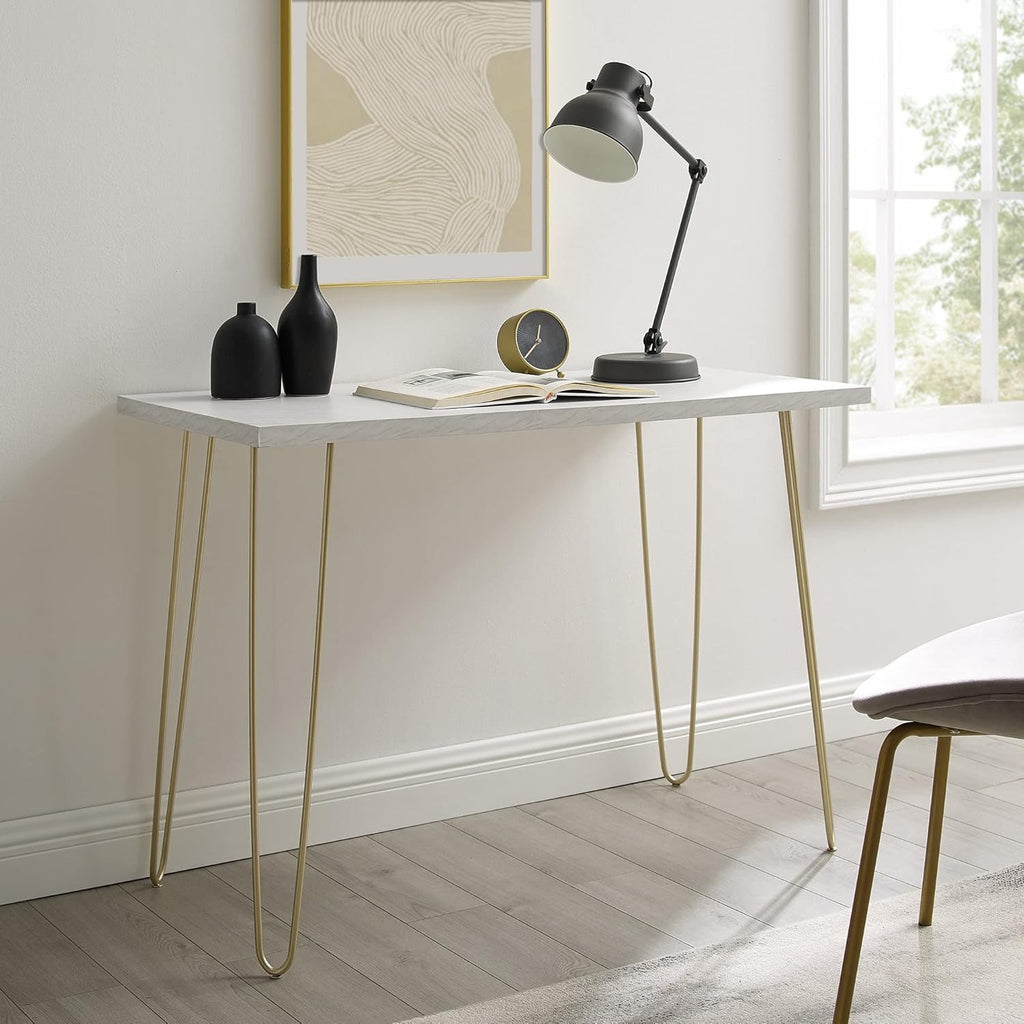 White Faux Marble Top Computer Desk 42in Gold Hairpin Legs