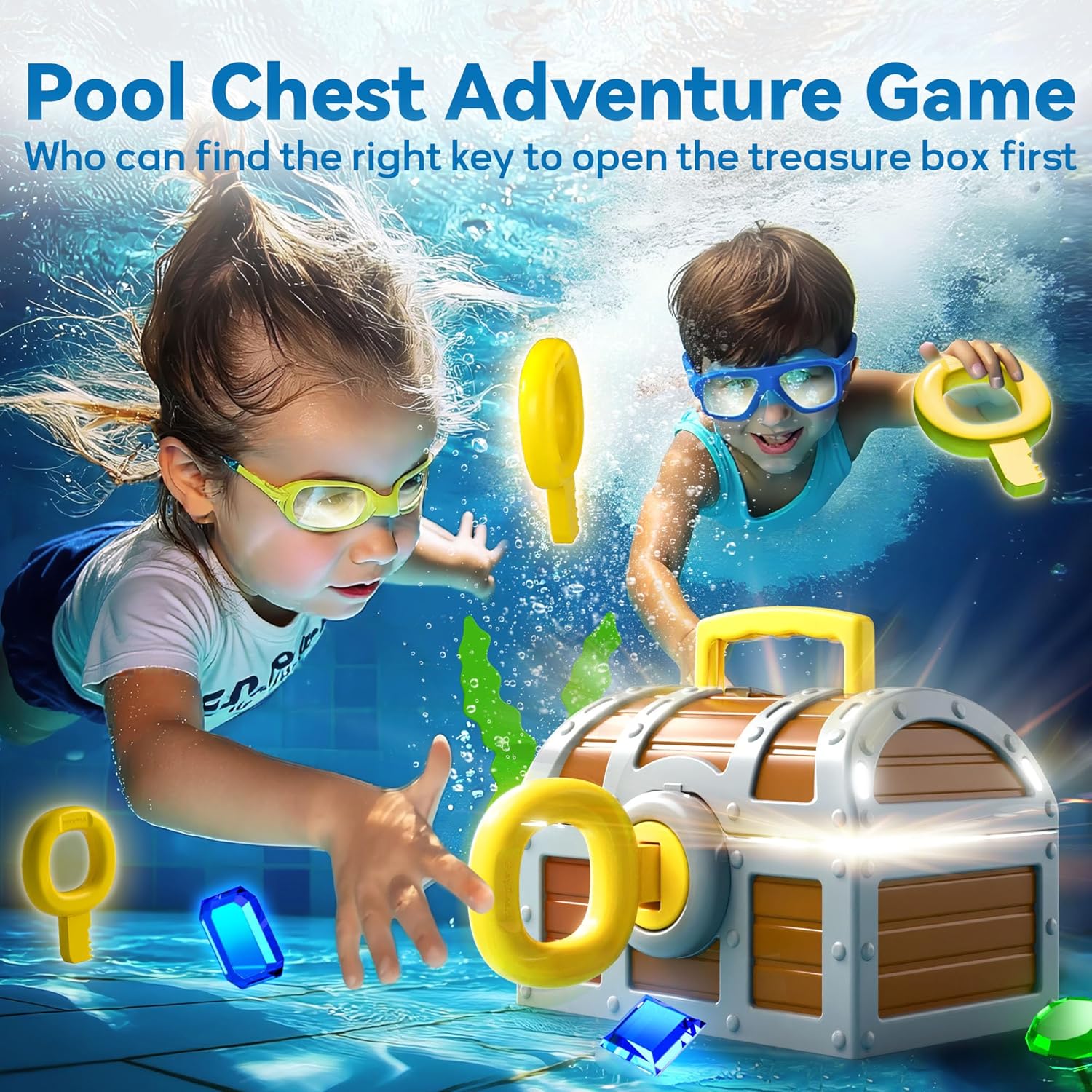 Large Treasure Chest Diving Pool Toy With Keys Gems Fish Multicolor