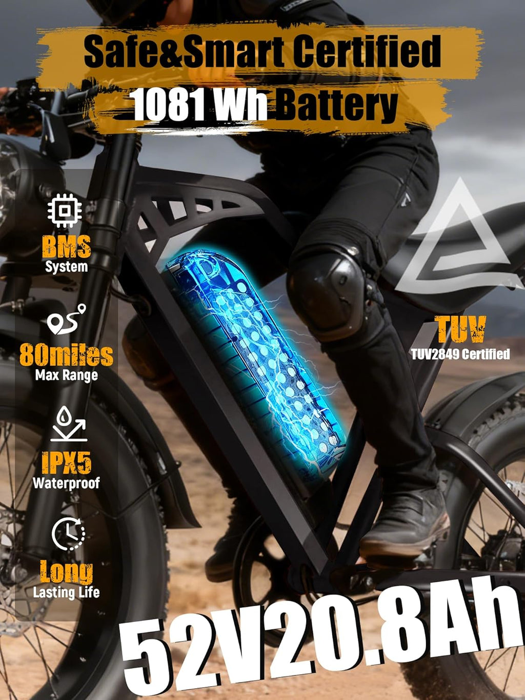 V200 Electric Dirt Bike 52V 20.8Ah Fat Tire 32MPH Dual Suspension