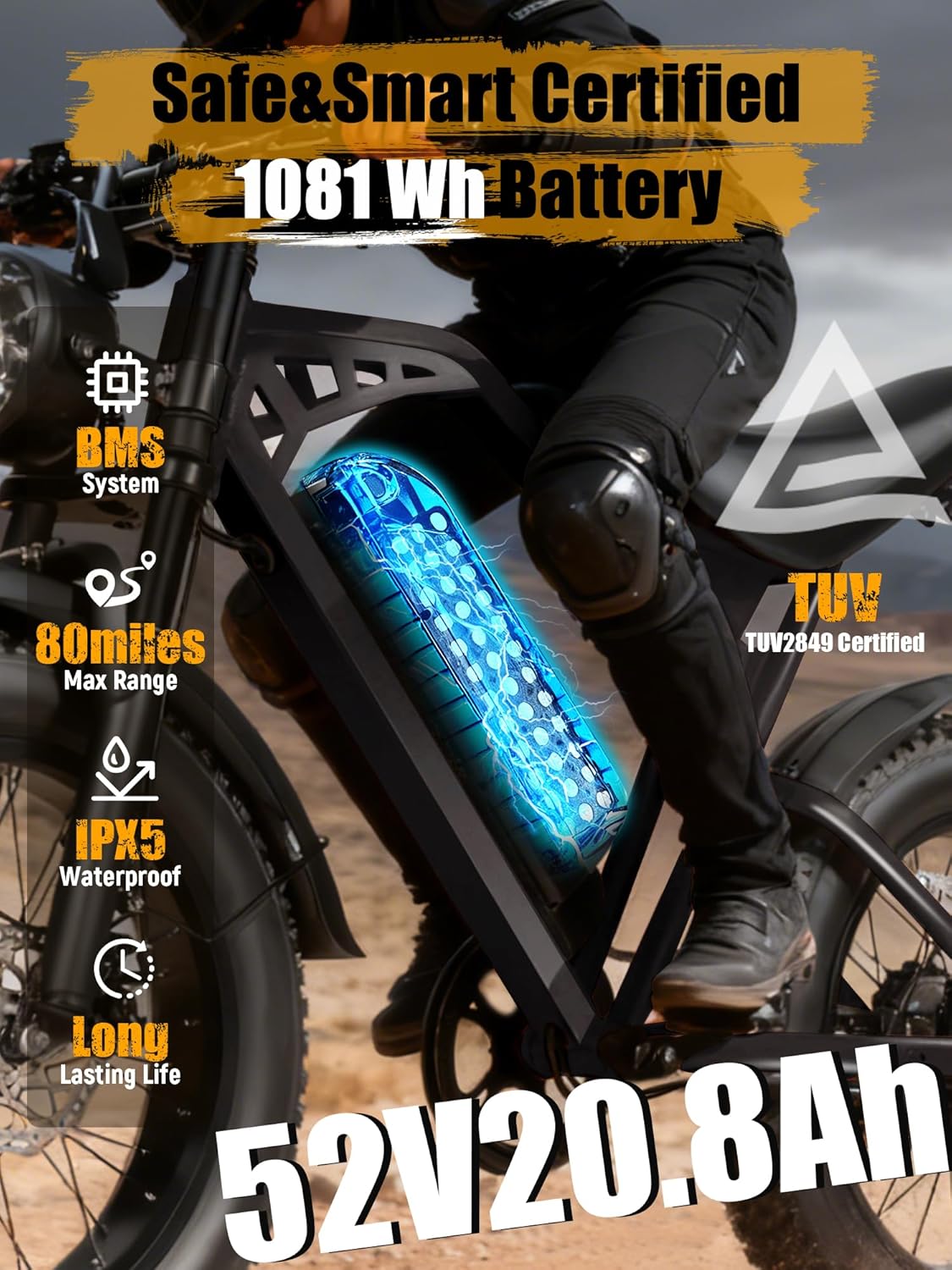 V200 Electric Dirt Bike 52V 20.8Ah Fat Tire 32MPH Dual Suspension
